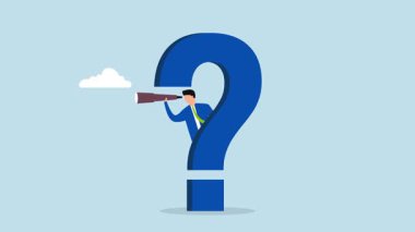 Merak bilinmeyen keşifler, merak dolu iş adamlarının 4k animasyonu ve yüzünde büyük bir soru işareti yeni bir iş konsepti için dürbün kullanıyor..