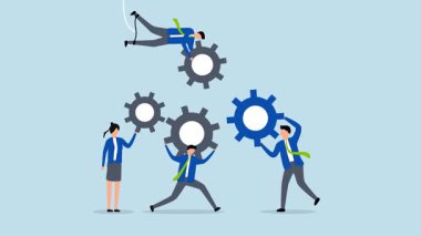 Takım başarısı için işbirliği, erkek ve kadın girişimcilerin 4k animasyonu dişlilerin veya dişlilerin bağlanmasında yardımcı olmada yardımcı olur.