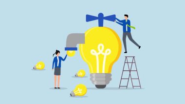 İlham veren fikirler, İş Yöneticisinin 4k animasyonu, yenilikçi fikirleri desteklemek için ampul vanasını ayarladı.