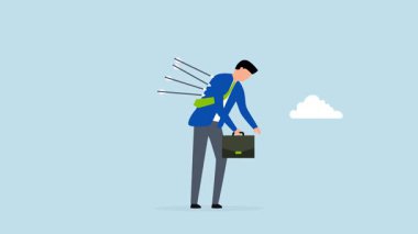 İş ihanetinin kurbanı, sırtında ağır bir yük olan yorgun bir işadamının 4k animasyonu.