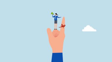 Parmak teli hatırlatıcısı, iş kadınının 4k animasyonu patronun parmağına kırmızı bir ip bağlayıp ona hatırlatmak için megafon kullanarak yardımcı oldu..