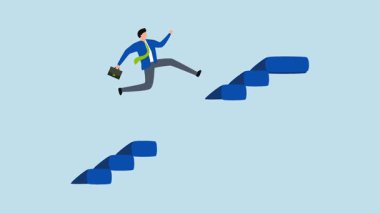 Kariyer yolunda ilerlemenin önündeki engeller, kararlı girişimcinin 4k animasyonu hedefe ulaşmak için kırık merdiven boşluğundan atlıyor.