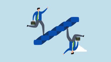 İş paradoksu, hırslı iş adamının 4k animasyonu hem merdivenleri tırmanıyor hem de paradoksal bir şekilde aşağı iniyor..