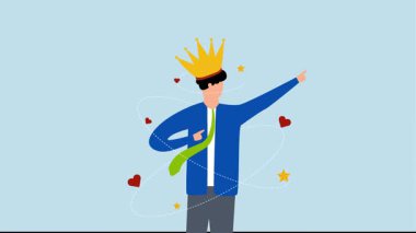 Narsist insanlar, narsist iş adamının 4k animasyonu kendine tapar ve aşk ve yıldızlarla süslenmiş tacıyla gurur duyar..