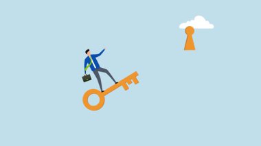 Kilit başarıyı keşfetmek, iş adamının başarının kilit noktasını açmak için altın bir anahtarla uçmasının 4k animasyonu.