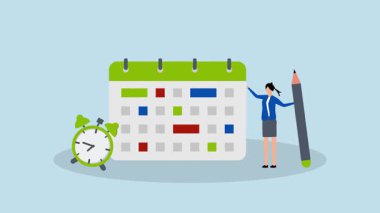 Çalışma takvimi, 4k animasyon Bir takvim ve çalar saate bakarken bir kalem tutuyor.