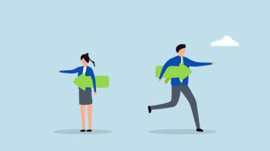 Farklı bireysel yöntemler, iş hayatında erkek ve kadının 4k animasyonu ok tutarken ve zıt yönlere hareket ederken.