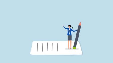 İnternette blog yazarak para kazanıyoruz. Başarılı kadın blogcu ya da yazar animasyonları gökyüzünden düşerken para banknotlarını yakalıyor..