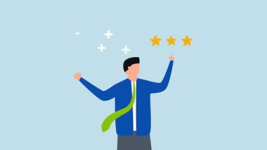 Müşteri geribildirimi 5 yıldız puanı, 4 k animasyon 5 yıldızlı güvence oranlı iş adamı.