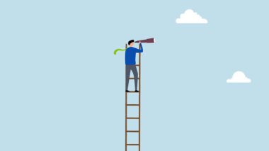 İş fırsatları için başarı merdiveni, iş adamının 4k animasyonu teleskoptan ileri görüşlü gözlerle bakmak için merdiveni tırmandı.