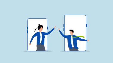 Başarı işbirliği için sanal selam beş, çevrimiçi video animasyonu fikri için 4k animasyon, neşeli erkek ve kadın yöneticiler mobil cihazlarıyla beşlik çakıyor..