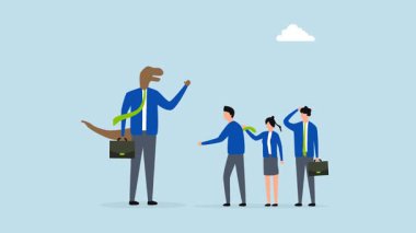 Şirket dinozoru, mizahi raptor dinozor yöneticisinin 4k animasyonu iş yerinde iş arkadaşlarıyla tartışıyor..