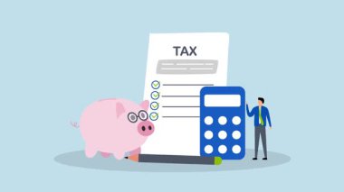 Gelir vergisi doldurma, deneyimli girişimcilerin 4k animasyonu hesap makinesi kullanarak vergi formunu tamamlama.