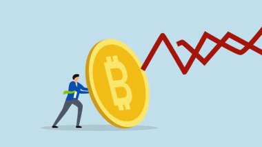 Bitcoin, kripto ve borsa çöküşü için güvenli bölge. Yatırımcı iş adamının 4k animasyonu bitcoin kalkanı tarafından gizlendi..
