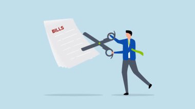 Masrafları ve giderleri azaltmak için faturaları kısmak, faturaları ve giderleri kısmak için makası kullanan İşadamı 'nın 4k animasyonu.