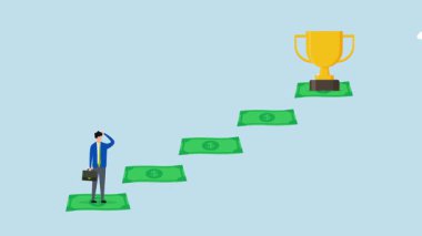 Paraya giden merdiven, iş adamının 4k animasyonu hedefine ulaşmak için paradan yapılmış bir merdiveni tırmanmak üzere..