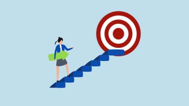 Kariyer yolu, kendine güvenen bir iş kadınının 4k animasyonu hedefine ulaşmak için elinde okla merdivenleri tırmanır..