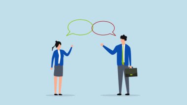 Müşteri ilişkileri, iş adamlarının 4k animasyonu, birbirine bağlı konuşma baloncukları aracılığıyla müşterilerle iletişim kurarken markanın yüzü gibi davranır..