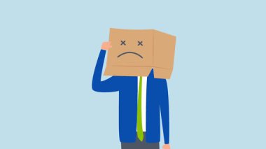 Tatminsiz müşteri, karton kutuda mutsuz bir adamın 4k animasyonu üzgün bir ifadeyle, hayal kırıklığına uğramış hissediyor.