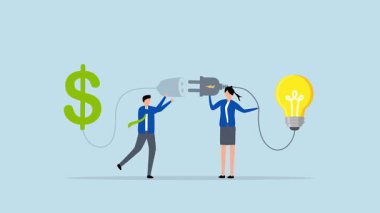 Girişimci ve girişimci şirket için finansal destek, iş adamı ve iş kadınının 4k animasyonu bir ampul ve bir dolar işareti bağlıyor.