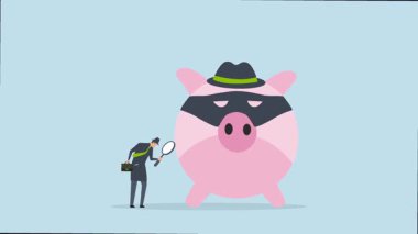 Finansal suç, Dedektif 'in suç maskesiyle pembe kumbarayı incelerken 4K animasyonu..