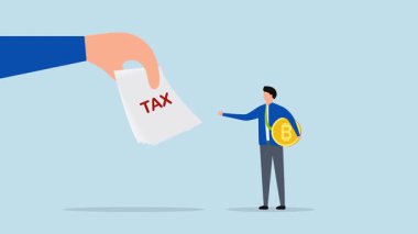 Kripto para birimi vergisi, hükümetin vergi beyannamesi ile hazırlıksız yakalanan Bitcoin sahibi İşadamı yatırımcısının 4k animasyonu.