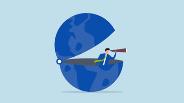 Dünya ekonomik vizyonu, zeki girişimcinin 4k animasyonu dürbünle dünyanın kapılarını açıyor, gelecek için bir vizyon arıyor..