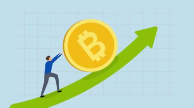 Bitcoin ve kripto fiyatları yükseliyor, Bitcoin 'in değerini artırmak için özenle çalışan iş adamı yatırımcısının 4k animasyonu, yükselen ok grafik ve grafiğinde onu daha da yükseltiyor.