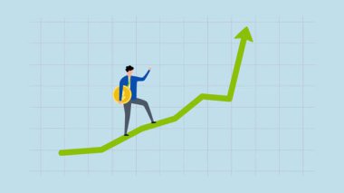 Para kazanmak için yatırım stratejisi, büyüyen bir grafiğe doğru, elinde büyük bir para tutan İşadamı yatırımcısının 4k animasyonu.