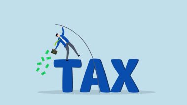 Vergi sorununu aşmak için, iş adamının elinde bir çanta dolusu para taşıdığı 4 bin animasyon. Vergi dairesi sözcüğü üzerine güvenle sırıkla atlama..