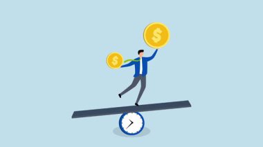 Paranın zaman değeri, iş yatırımcısının 4 bin animasyonu saat şeklinde tahterevalli üzerinde farklı boyutlarda madeni paralar tutuyor..