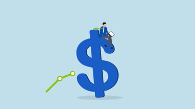 Gelir artışı, iş adamının 4k animasyonu, yükselen bir grafikle dolar işaretinin üstünde dizüstü bilgisayar kullanması..