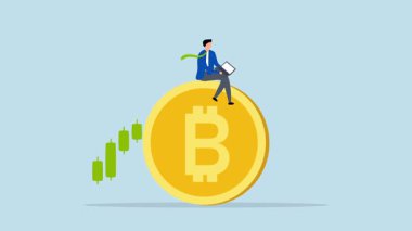 Bitcoin ve kripto para yatırımı, iş yatırımcısının 4k animasyonu önemli Bitcoin platformunda şifreli para ticareti yapmak için bir bilgisayar kullanıyor, bir şamdan fiyatı grafiği c kullanarak