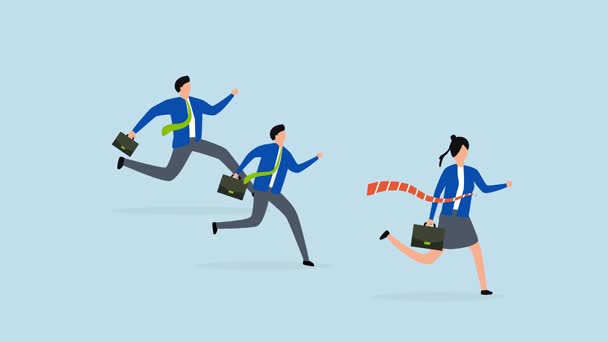 Woman success story, 4k animation of Female businesswoman surpasses male colleagues to emerge victorious in a competition, reaching the finish line first.