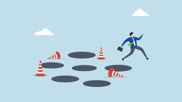 Избегайте ловушки, 4k анимации интеллигентный предприниматель ориентируется через многочисленные вызовы для достижения успеха в бизнесе.