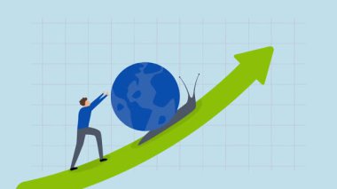 Küresel ekonomik yavaşlama, iş adamının 4k animasyonu dünya ekonomisindeki GSYİH 'nın kademeli büyümesini temsil etmek için yavaş bir salyangoz kullanıyor.