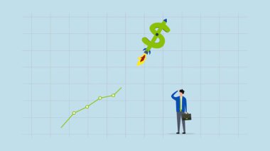 ABD dolar değeri faiz oranı artışı nedeniyle yükseliyor, İşadamı yatırımcının 4k animasyonu dolar işaretinin döviz haritasında bir roket gibi yükseldiğini gözlemliyor.