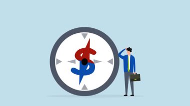 Ekonomik yön veya yatırım eğilimi, dolar işaret yönünü gösteren pusulayı inceleyen iş adamı yatırımcısının 4k animasyonu.