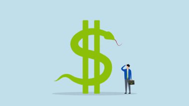 Finansal risk, girişimci yatırımcının 4k animasyonu yılan şeklinde büyük bir dolar işaretini inceliyor ve dikkatle düşünüyor..