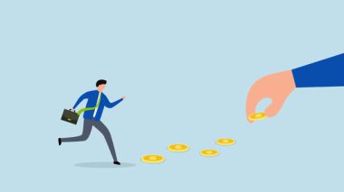 Parayı takip et, aç gözlü girişimcinin 4k animasyonu yol boyunca para toplamak için acele ediyor..