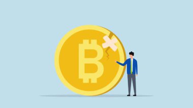 Bitcoin bandaj tamiri sırasında zarar gören iş adamı veya tüccarın 4k animasyonu.