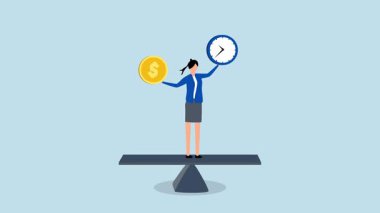 Zaman ve para dengesi, Mutlu kadın girişimcinin 4k animasyonu bir tahterevallinin saat ve para dengesini yönetir.