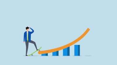 Kaykaylı bir iş adamının 4k animasyonu yükselen bir büyüme grafiğine hazırlanıyor.