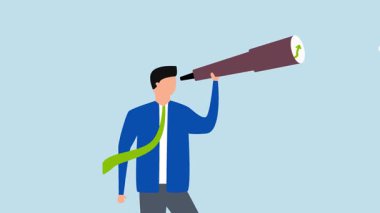 Finans tahminleri, iş adamının 4k animasyonu, grafikleri ve grafikleri bir finans uzmanı olarak gözlemlemek için dürbün kullanıyor.