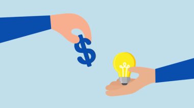 İş adamının 4k animasyonu parlak bir iş fikrini desteklemek için bir dolarlık banknotu teslim etti.