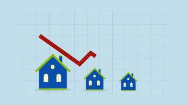 Konut fiyatları düşüyor, iş adamı yatırımcı ve ev sahibinin 4k animasyonu konut piyasasında düşüş yaşıyor.