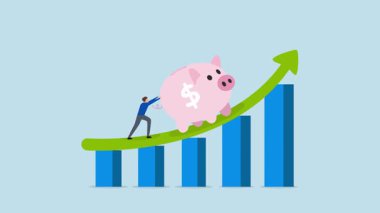 Zengin girişimcinin 4k animasyonu, artan grafik ve grafik boyunca büyük domuz kumbarasını teşvik ediyor.