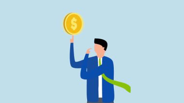 4k animasyon işadamlarının potansiyel kazanç düşüncesiyle dönen bir madeni paraya bakması.