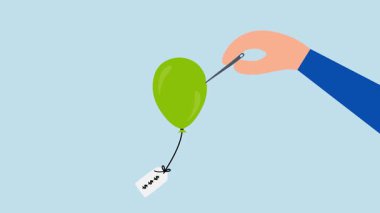 Enflasyonu temsil eden bir balonu şişirmek için iğne kullanan girişimcinin 4k animasyonu.
