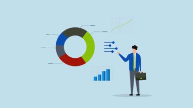 İşadamı fon yöneticisinin 4k animasyonu, portföy pasta tablosunu enflasyon ve faiz oranlarına göre düzenliyor.